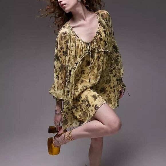 Topshop Dress Floral Print Cut Out Tie Neck Chuck On Ruffle Mini Yellow Black 2 - Picture 2 of 12